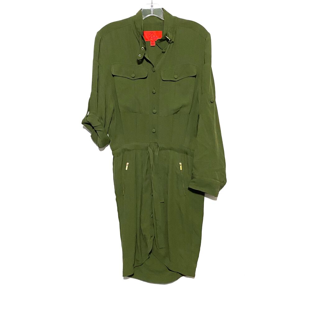 Zac Posen Green Silk Button Utility Shirt Dress 0 Safari Cinch Waist Gold Zip